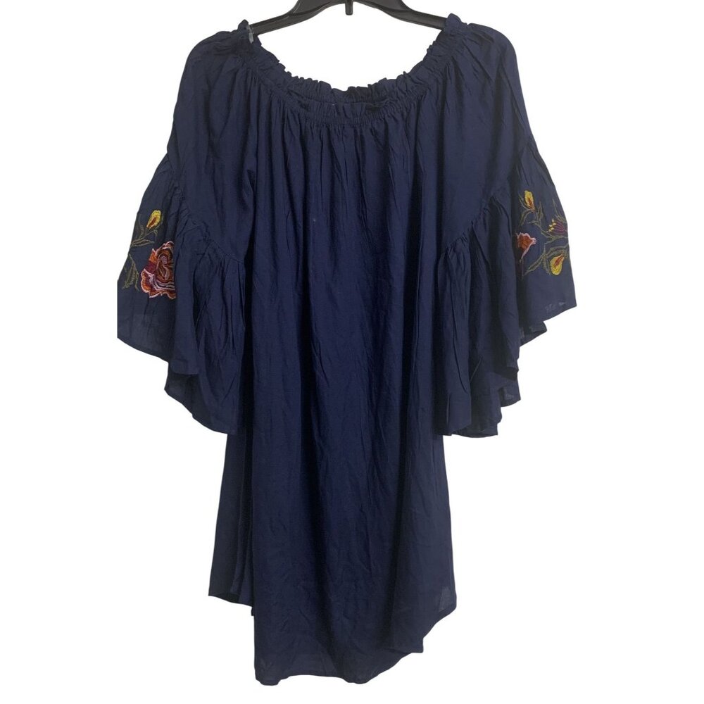 Feathers Boho Floral Embroidered Blue Tunic Blouse Bell Sleeves
